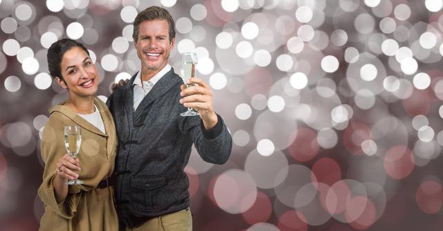 Digital composite of Smiling couple holding champagne flutes over bokeh