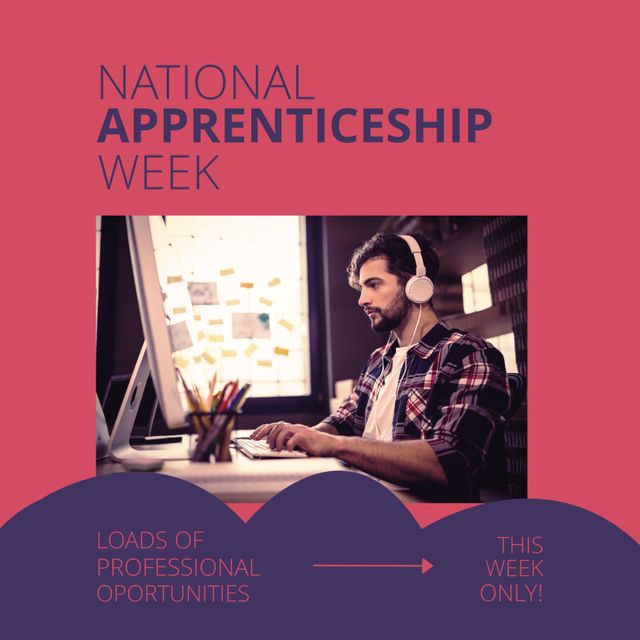 Design promoting National Apprenticeship Week showcasing a young male professional working in an office environment. Ideal for marketing apprenticeship programs, career development events, educational campaigns, professional growth resources, and corporate training advertisements.