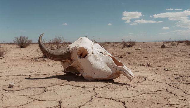 Bleached bovid skull on cracked desert playa under clear blue sky