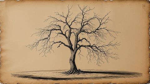 Antique botanical illustration of solitary leafless tree on aged parchment