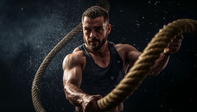 Muscular man swinging heavy battle ropes in dark studio, sweat droplets, intense workout