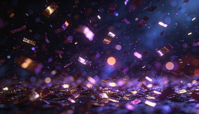 Falling metallic confetti and glitter catching purple blue amber light with gold bokeh
