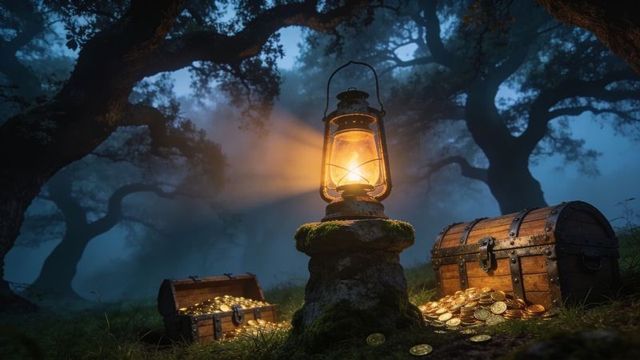 Glowing lantern illuminating treasure chests and scattered gold coins in foggy oak forest