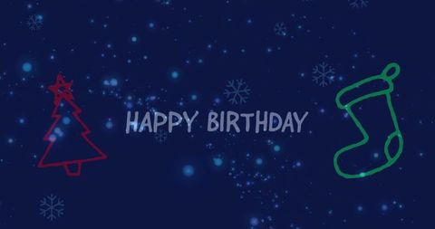 Festive winter happy birthday greeting with holiday icons