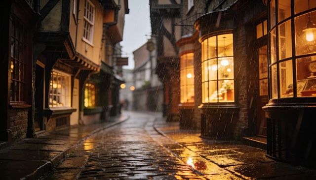 Rain-soaked cobblestone lane reflecting warm bay window lights and glowing storefronts in dusk