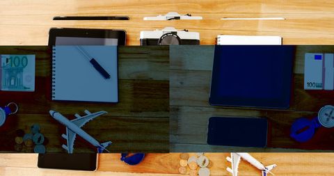 Travel Planning Essentials with Gadgets and Currency - Download Free Stock Images Pikwizard.com