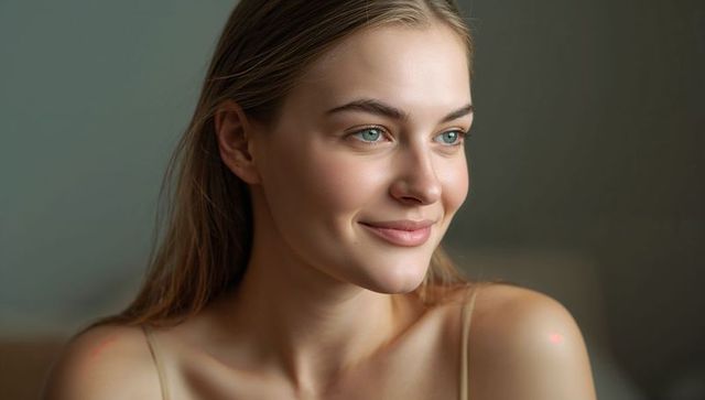 Soft-lit natural portrait of young woman smiling and gazing with glowing skin, gentle expression
