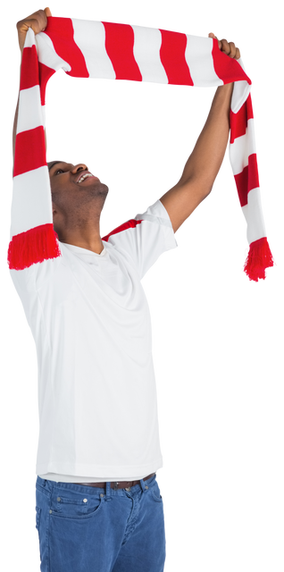 Happy Football Fan Waving Red and White Scarf PNG - Download Free Stock Videos Pikwizard.com