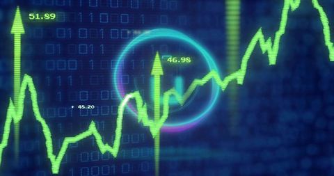 Neon Green Market Trend Line with Binary Code Grid, Cyan Highlight Ring and Arrow Markers