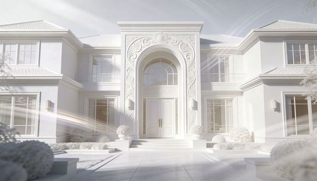 Sunlit neoclassical mansion facade with ornate arched entrance, symmetrical marble steps
