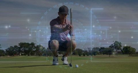 Golfer aligning putt with futuristic hud interface on green