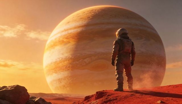 Astronaut standing on red desert ridge surveying massive gas giant at golden sunset