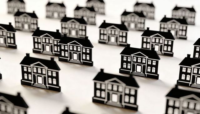 Monochrome miniature houses arranged in repeating grid conveying real estate patterns