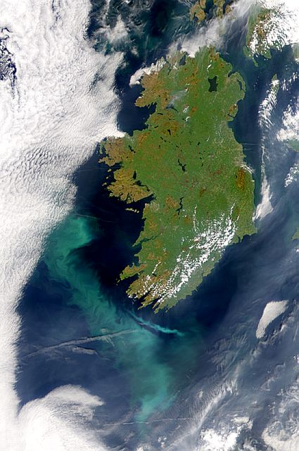 This satellite view captures a possible coccolithophore bloom to the southwest of Ireland in May 2000. Great for illustrating oceanographic phenomena, environmental studies, and educational content on marine ecosystems. Useful for discussions about NASA's Earth science missions and satellite technology applications in monitoring ocean health.