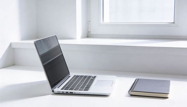 Silver laptop sitting on white desk by window with spiral notebook, minimalist workspace