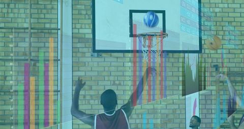 Defending player contesting shot under hoop with basketball analytics overlay, data charts