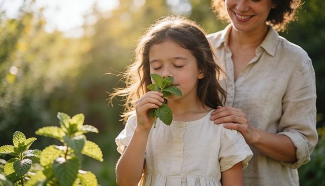 Girl smelling fresh mint while mother resting hand on shoulder in sunlit herb garden