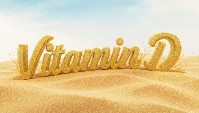 Golden vitamin d typography shimmering on sunlit sand dunes for health concept