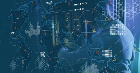 Technician Configuring Server with Futuristic Holographic Map Overlay