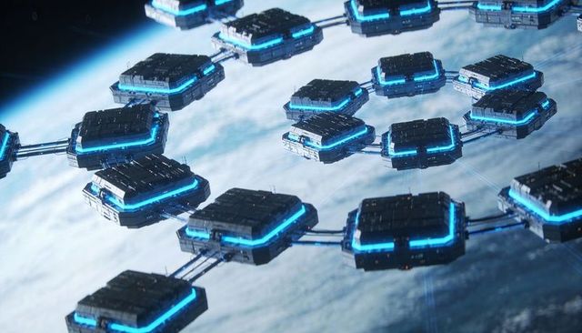 Orbiting hexagonal orbital platform network with glowing cyan lights above clouded planet