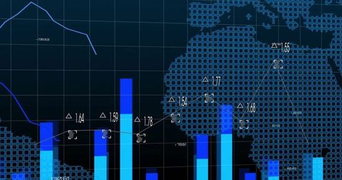 Digital Interface with World Map and Bar Charts on Dark Dashboard
