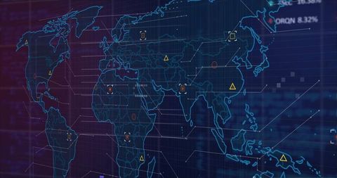 Futuristic Neon Blue World Map with Data Analytics Elements