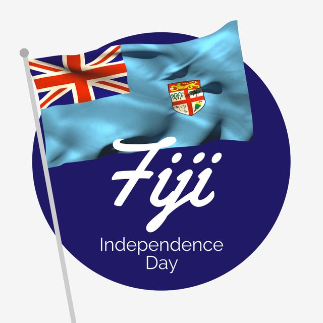 Illustration of fiji independence day text and fiji national flag in blue circle on white background. Vector, copy space, patriotism, celebration, freedom and identity concept.
