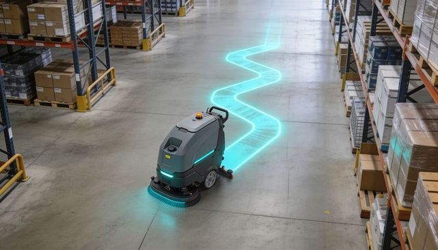 Autonomous floor scrubber navigating warehouse aisle with glowing teal light trail