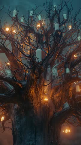Candlelit Gnarled Tree Igniting Sparks and Foggy Glow — Moody Vertical Video
