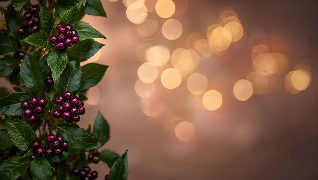 Glossy purple winterberry branch with dew drops, closeup botanical composition and warm bokeh