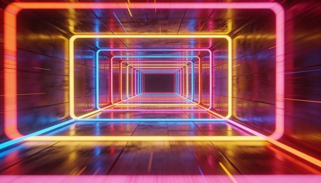 Glowing Neon Corridor with Receding Rectangular Frames and Reflective Glossy Floor