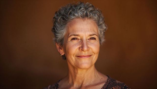 Confident smiling senior woman with short gray hair and warm natural light closeup