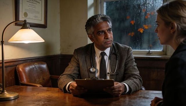Concerned doctor consulting patient at desk with stethoscope and clipboard by rainy window