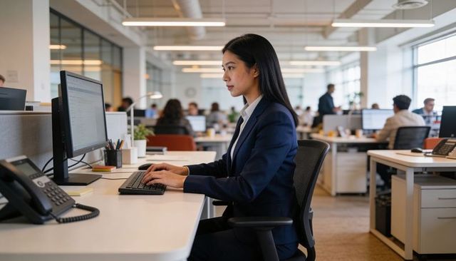 Asian businesswoman typing at desk in modern open-plan office, professional focus teamwork