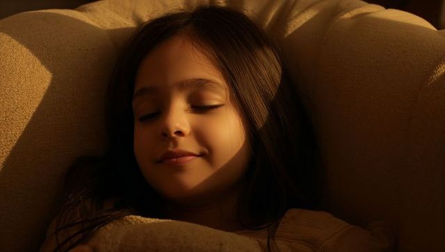 Serene young girl reclining on plush armchair during golden hour warm home interior cozy