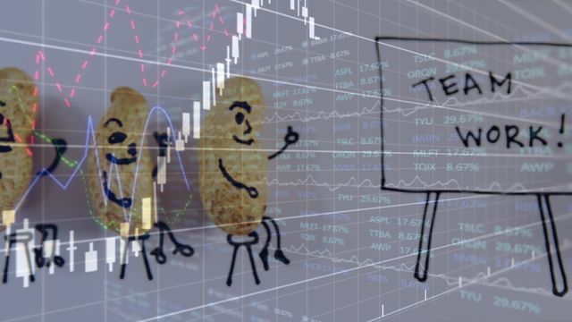 Video showing animated peanuts conducting a business meeting with financial graphs and stock data in the background. Suitable for content related to teamwork, business strategies, financial market analysis, and humorous business scenarios. Adds a lighthearted, creative visual to blogs or presentations about finance, teamwork, and innovation.