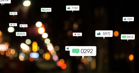Social Media Interactions Floating on Urban Nightscape Background
