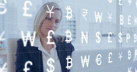 Businesswoman Engaging in Digital Currency Analysis Amid Diverse Symbols - Download Free Stock Images Pikwizard.com