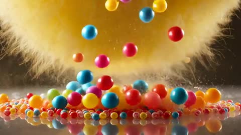 Dropping Fuzzy Yellow Sphere Releasing Colorful Candy Balls and Micro Beads in Slow Motion