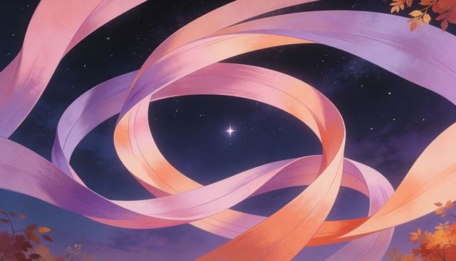 Swirling pastel silk ribbons twisting above night sky around bright star with autumn leaves