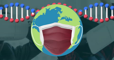 Global Pandemic Concept with Masked Earth and Genetic Data Visualization