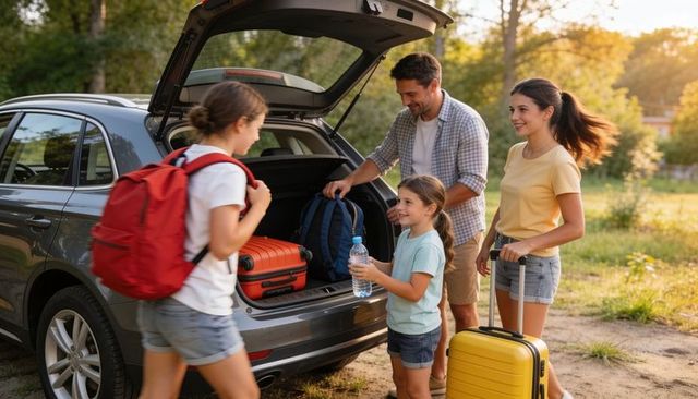 Family packing luggage into suv trunk at park during golden hour preparing for road trip