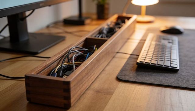 Featuring wooden cable organizer holding tidy cables on modern home office desk