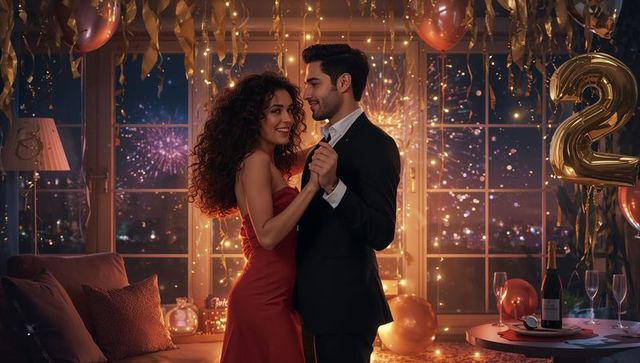 Dancing couple celebrating new year in elegant living room with gold number 2 balloon