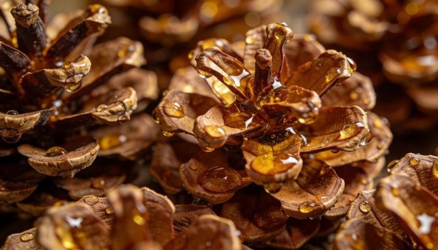 Macro pine cone with amber resin droplets glistening on rustic wood tabletop still life
