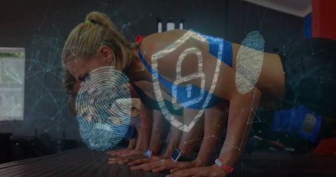 Woman performing plank workout with wearable fitness trackers and digital security overlay