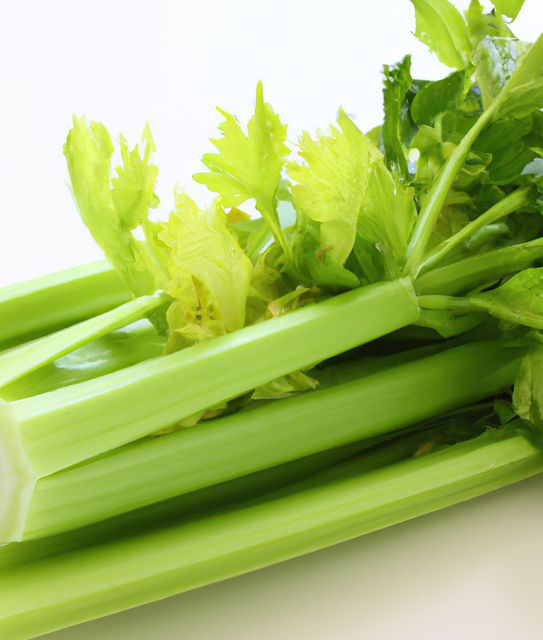 Close up of green celery over white background created using generative ai technology. Nature and food concept, digitally generated image.
