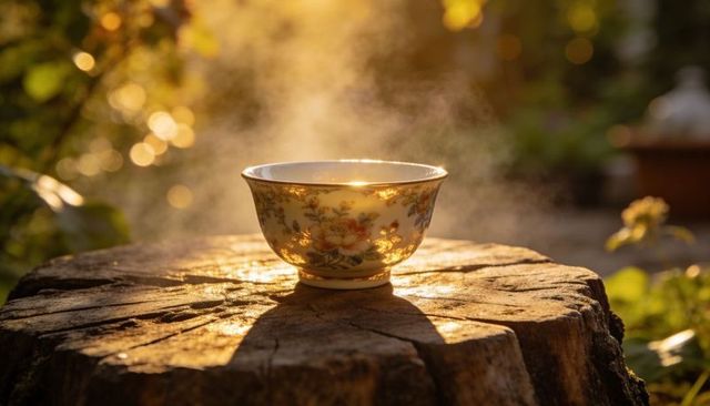 Steaming porcelain teacup with floral gilt rim on weathered tree stump in golden hour