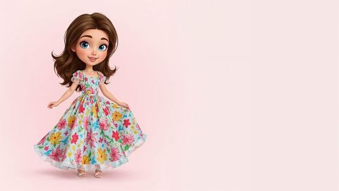 Cute animated beautiful lady in floral dress on pastel backdrop