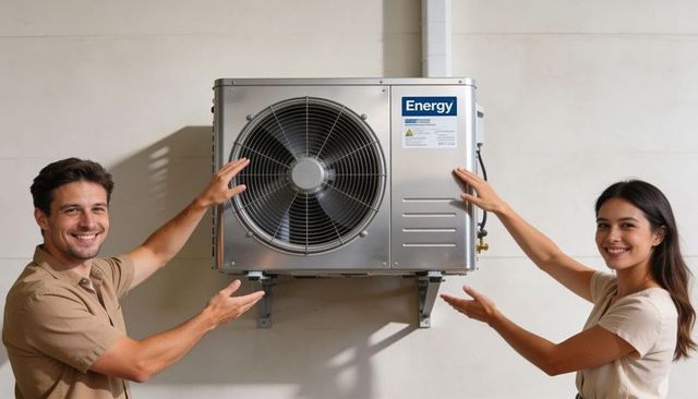 Smiling couple presenting energy-efficient wall-mounted ac condenser with energy label